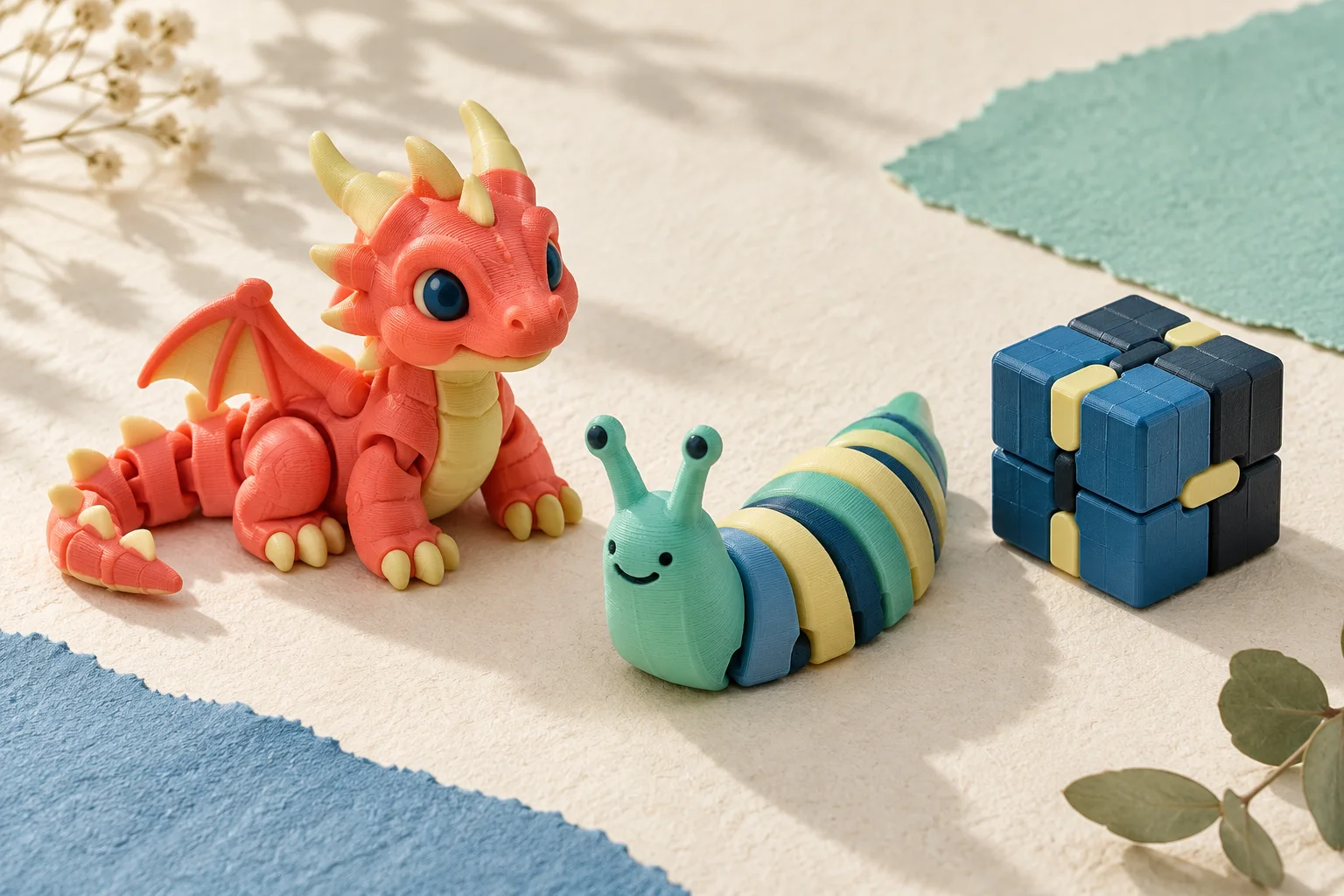 A coral dragon, mint slug and blue infinity cube fidget toys